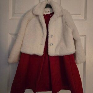 Toddler Girls 3T Red Holiday Dress and White Faux Fur Coat